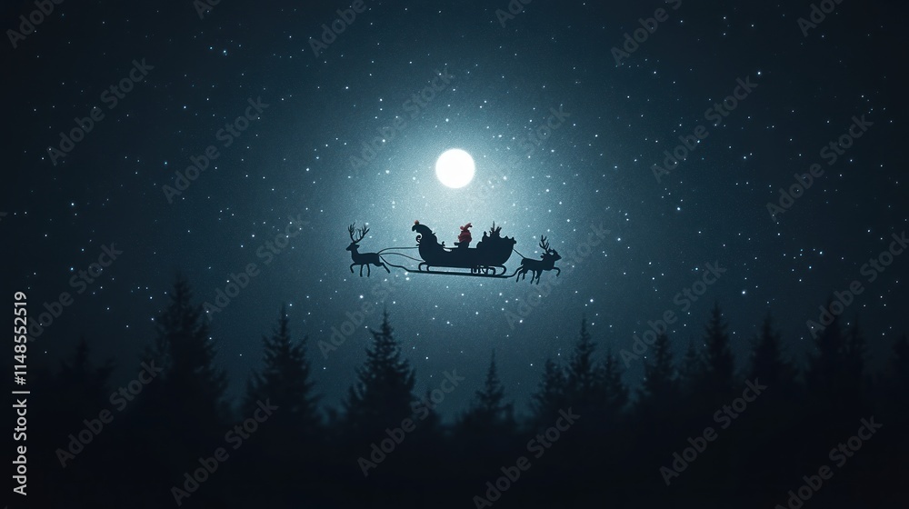 Santa Claus flying his sleigh over a snowy forest on Christmas Eve. Santa Claus flying his sleigh over a snowy forest on Christmas Eve.