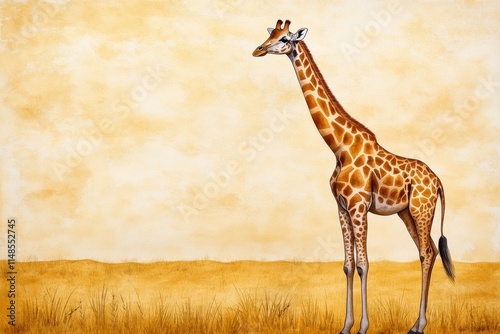 A watercolor painting of a giraffe standing in a golden savanna, with soft, blended hues creating a serene atmosphere photo