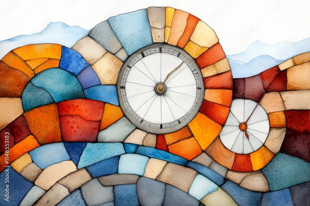 Fototapeta premium A whimsical watercolor depiction of colorful clock gears spinning in a dreamy, surreal scene