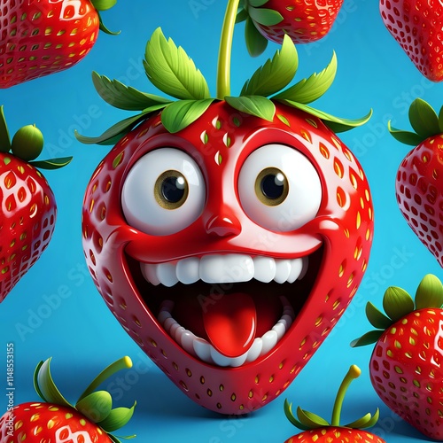 3D illustration of a strawberry with a laughing face and wide joyful eyes, featuring a cheerful and animated character design photo