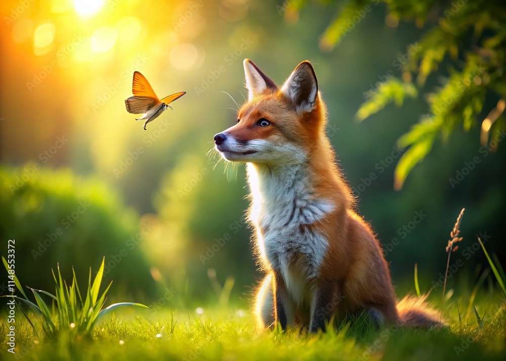 Obraz premium Adorable Fox and Butterfly on Lush Green Lawn - Springtime Wildlife Stock Photo