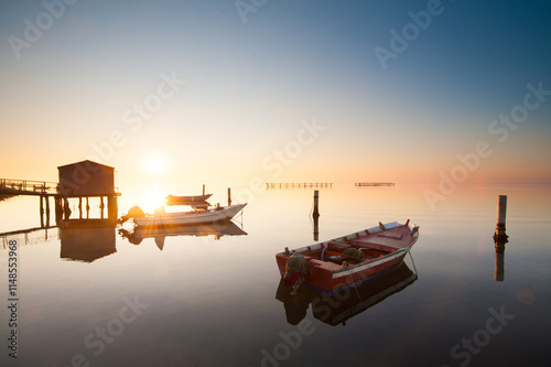 Sunset in Sacca di Scardovari. Porto Rolle, Rovigo, Veneto, Italy, Europe.