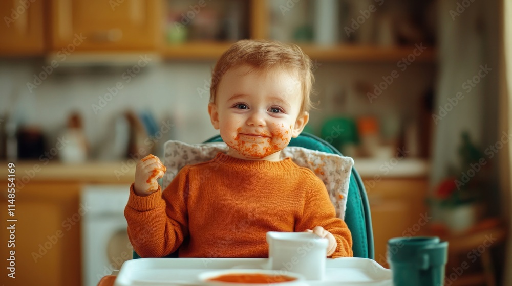 Caucasian male toddler eating messy meal in kitchen setting Caucasian male toddler eating messy meal in kitchen setting