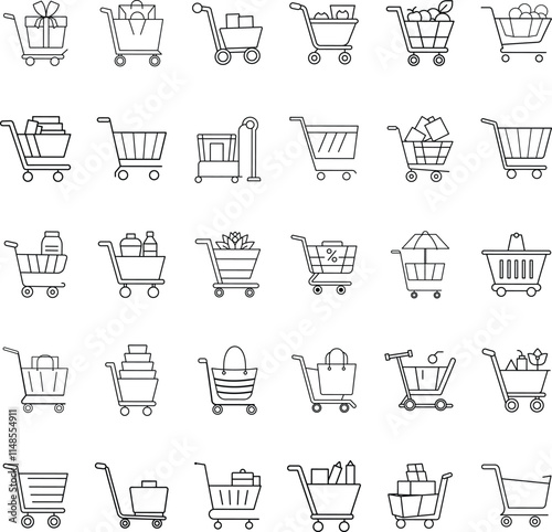 Shopping Cart Icons Variety of Goods, Line Art, Retail, Ecommerce, Purchase, Consumerism, Shopping, 