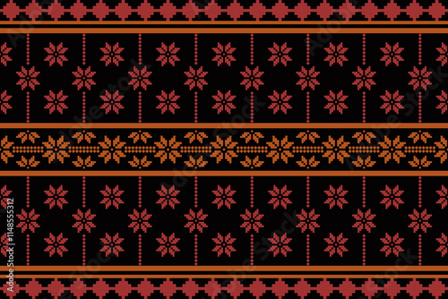 Geometric and cross stitch traditional ethnic pattern.floral pixel art embroidery. Elegance background abstract Aztec seamless pattern for fabric,cloth,dress,carpet,curtain,sarong,batik,wallpaper.