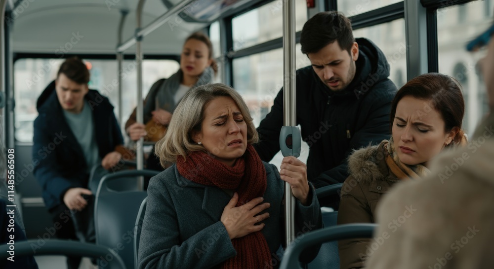 Urban commute conflict with diverse passengers in tense exchange on crowded bus Urban commute conflict with diverse passengers in tense exchange on crowded bus