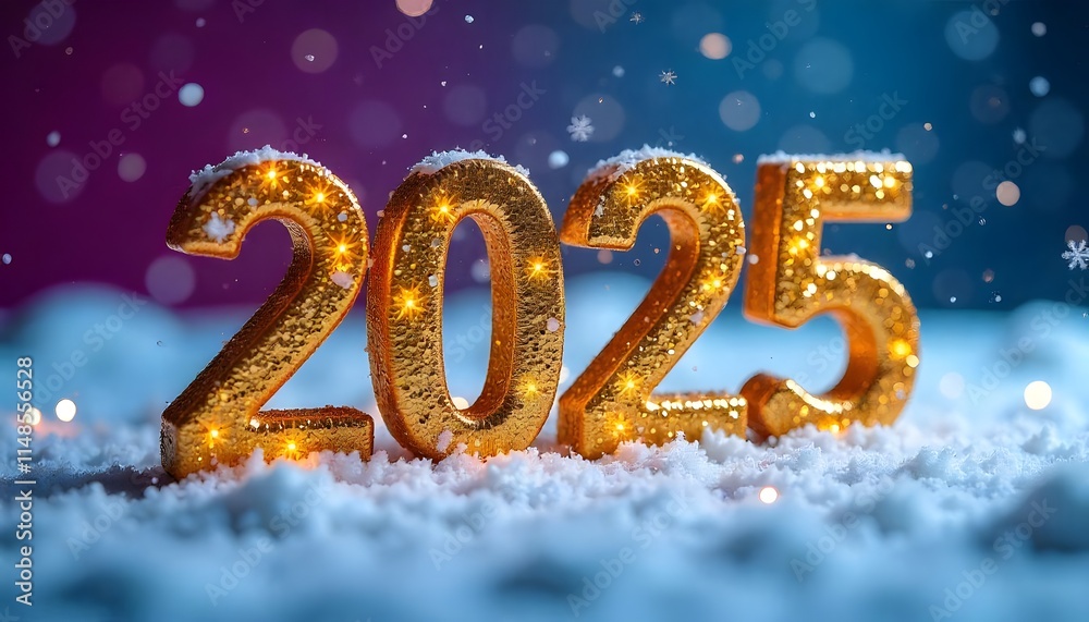 Gold Numbers 2025 With Sequins And Glitter On A gold snowy background Christmas New Year Greeting Card Gold Numbers 2025 With Sequins And Glitter On A gold snowy background Christmas New Year Greeting Card