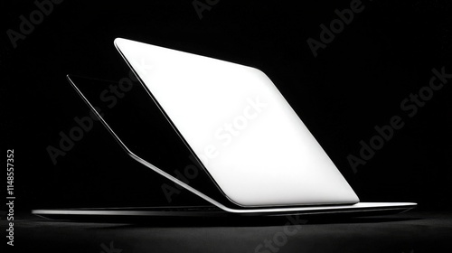 Two laptops, one open, one closed, angled on a dark surface, backlit.