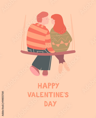 A cute couple is sitting on a swing and hugging. Greeting card, valentine card, poster