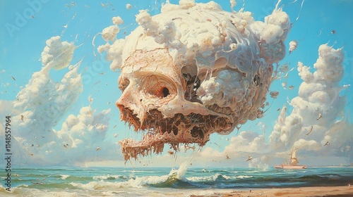 Surreal Seascape with Fragmented Head, an imaginative artwork blending human form and ocean elements, evoking themes of identity and the subconscious in a dreamlike setting. photo