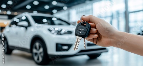 A hand holds car keys in front of a white vehicle in a showroom.