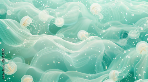 Seamless abstract pattern of ocean waves with jellyfish in serene turquoise tones photo