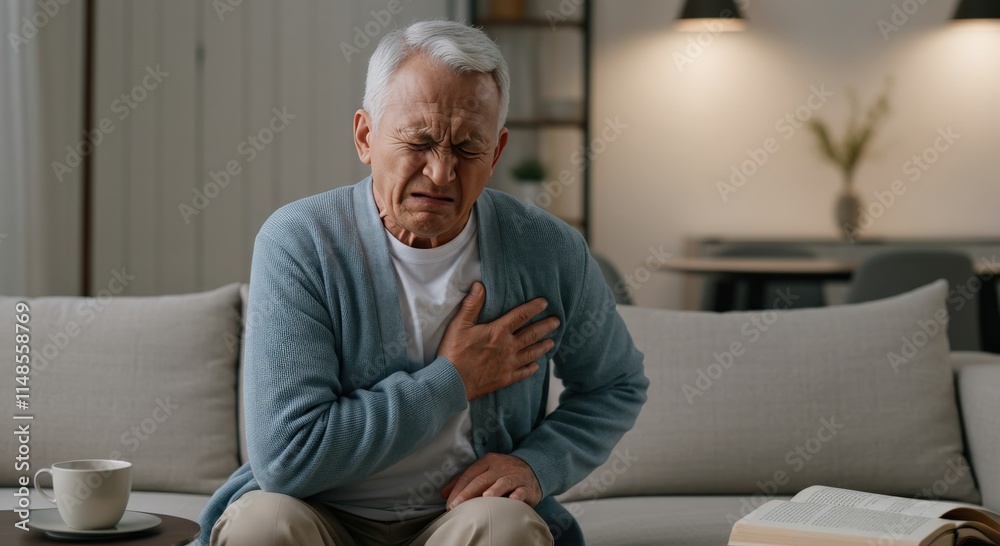 Elderly caucasian man experiencing chest pain in modern living room setting Elderly caucasian man experiencing chest pain in modern living room setting