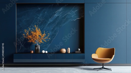 Modern commode with stylish chair, elegant decor elements, set against a rich dark blue wall, creating a sophisticated and inviting living room ambiance in 3D render.