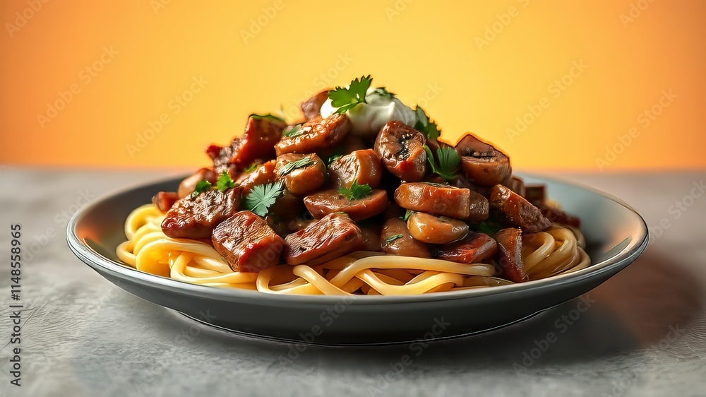 Delicious Beef Stroganoff - Vibrant Gourmet Dish on Grey