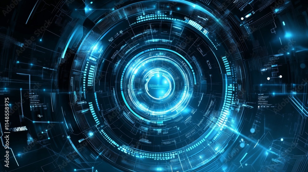 A futuristic digital design featuring blue glowing circles and data patterns. A futuristic digital design featuring blue glowing circles and data patterns.