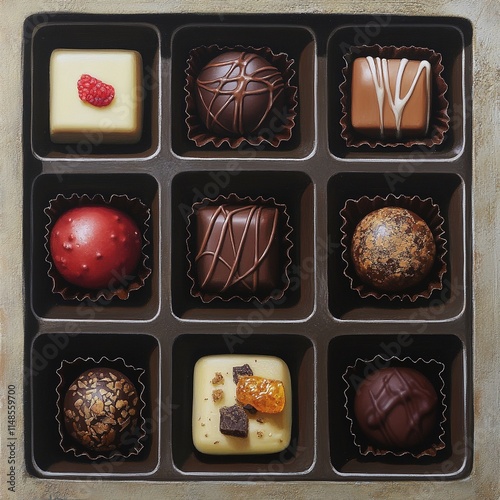 Elegante caja de bombones artesanales con diseños gourmet variados, incluyendo chocolates oscuros, blancos y de leche con decoraciones exclusivas