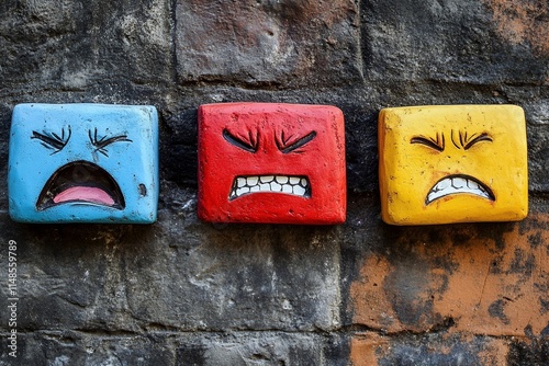 Esculturas de rostros coloridos con expresiones de enojo y tristeza sobre pared de ladrillo texturizado