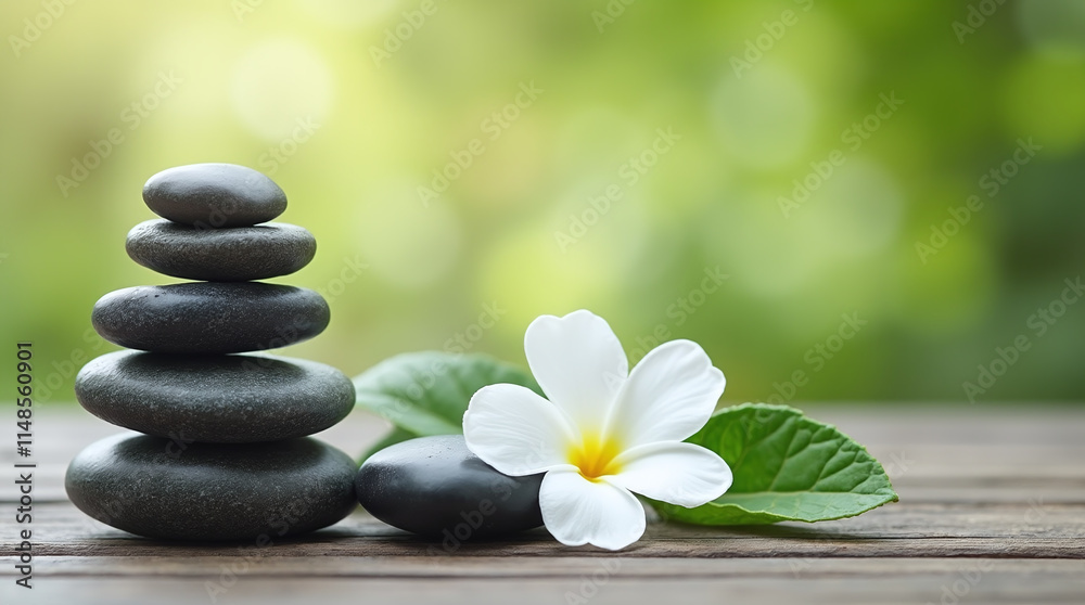 Zen and SPA Tower of Stones and White Flower Natural Minimalistic Buddhist Background Zen and SPA Tower of Stones and White Flower Natural Minimalistic Buddhist Background