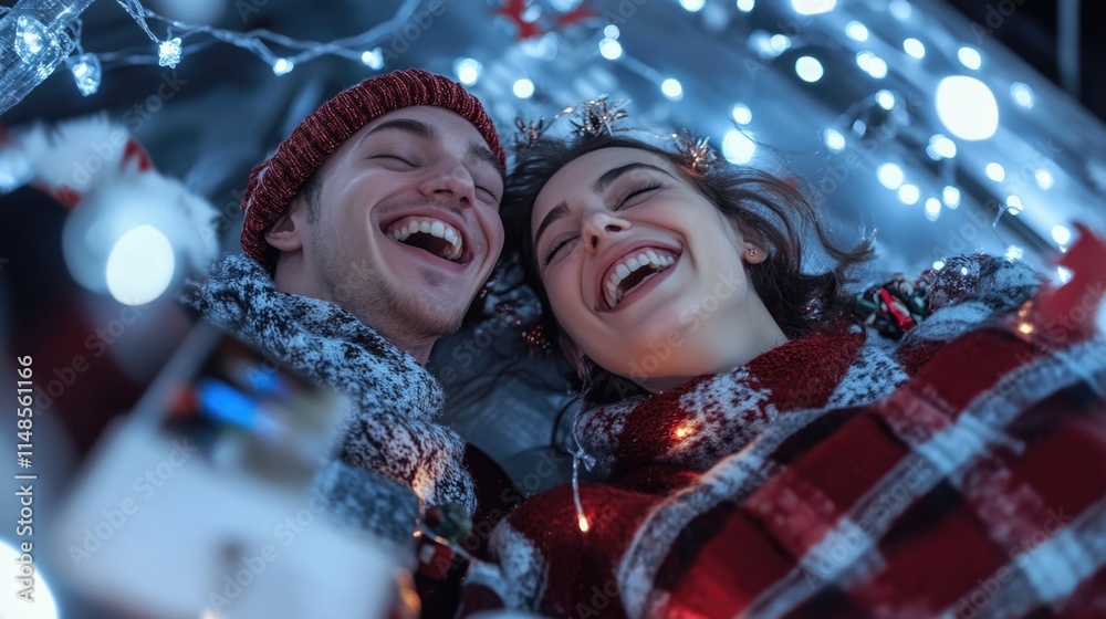 Young caucasian couple laughing under holiday lights in winter attire Young caucasian couple laughing under holiday lights in winter attire