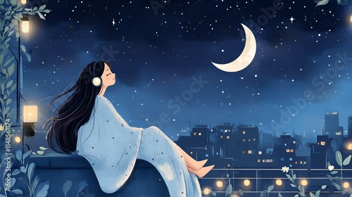 peaceful and serene illustration of a girl sitting on a rooftop at midnight, gazing up at the starry sky. She is wrapped in a cozy blanket, her hair flowing gently in the breeze, as soft, ambient lofi
