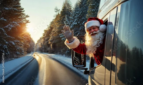 Wallpaper Mural A cheerful Santa peaking out waving from a white european Truck on a scenic winter road with trees and snow. white european truck side view whole truck visible with sun peaking out behind the trees Torontodigital.ca