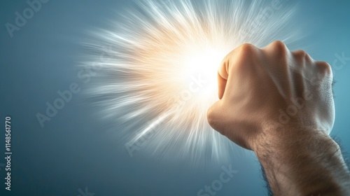 Caucasian male fist punching light explosion