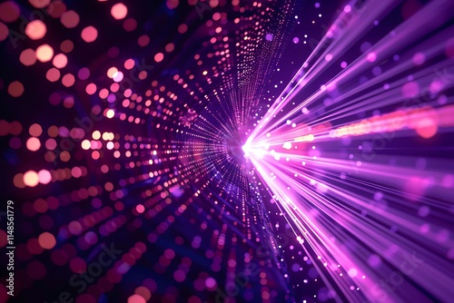 Purple laser beams on black background like shooting future rays. Bright light shining through the darkness, Purple light rays on a black background, A purple and white light that is moving 
