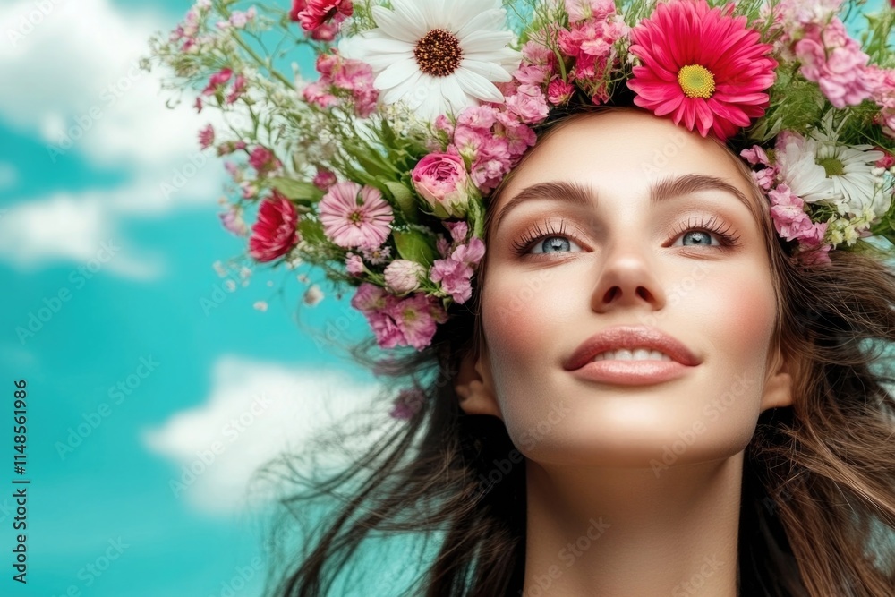 Young caucasian female with floral crown underneath clear blue sky Young caucasian female with floral crown underneath clear blue sky