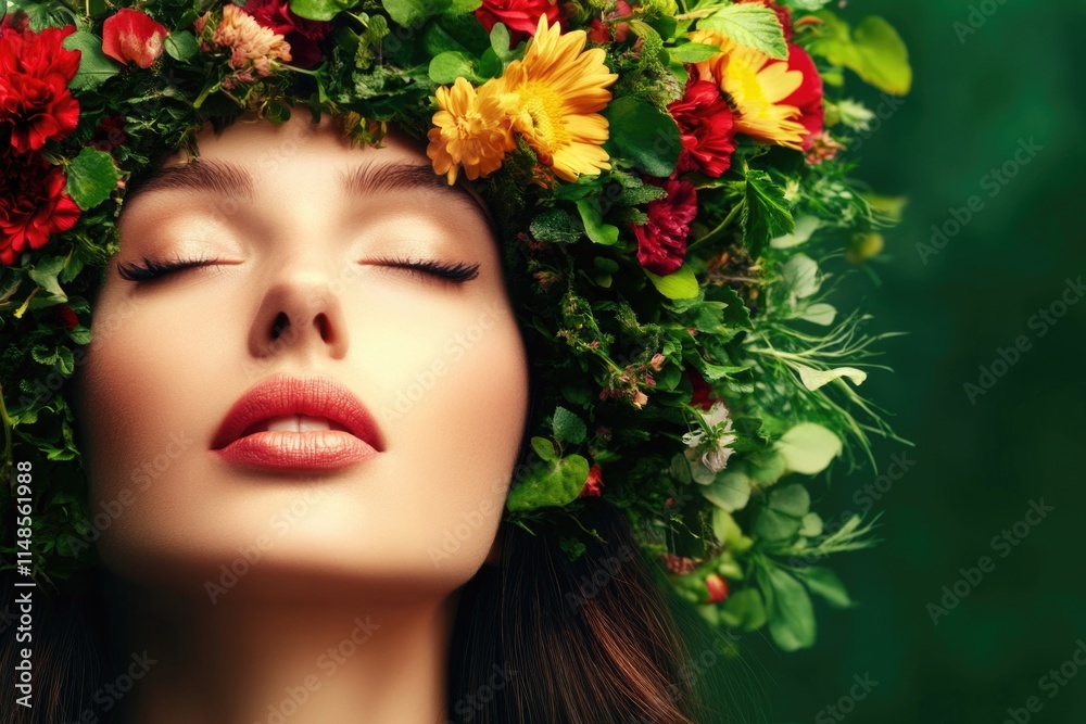 Young caucasian female with floral headpiece on green background embracing nature's beauty Young caucasian female with floral headpiece on green background embracing nature's beauty