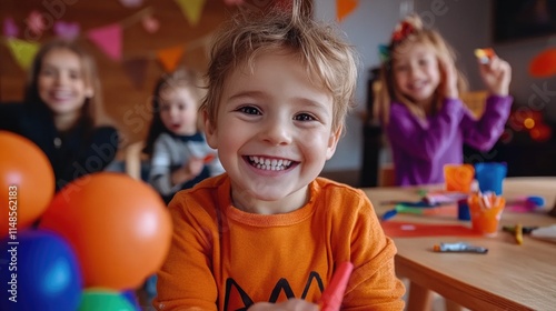 Joyful caucasian young children celebrating at a colorful birthday party