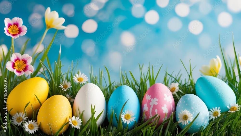 Easter eggs in grass with flowers and bokeh Easter eggs in grass with flowers and bokeh