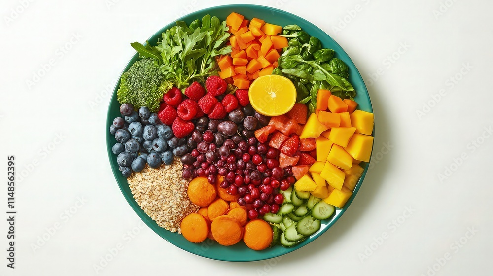 A vibrant plate of fresh vegetables, fruits, and whole grains arranged in a colorful, balanced layout, symbolizing the perfect healthy diet for weight loss and overall well-being. A vibrant plate of fresh vegetables, fruits, and whole grains arranged in a colorful, balanced layout, symbolizing the perfect healthy diet for weight loss and overall well-being.