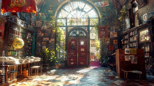 Enchanted Entrance to Arcane Academy, a fantastical school set in a vibrant urban town, showcasing intricate architecture and lush nature, perfect for immersive digital art.
