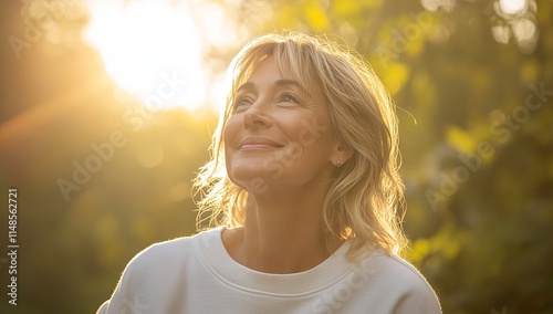 A middle-aged woman with blonde hair looks up towards the sun in a peaceful outdoor setting.