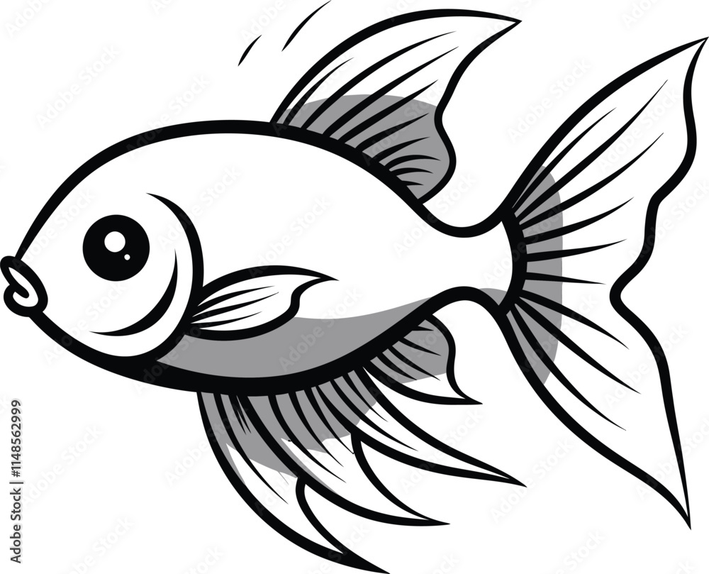 Simple black and white illustration of a fish with clear outlines and details. Simple black and white illustration of a fish with clear outlines and details.
