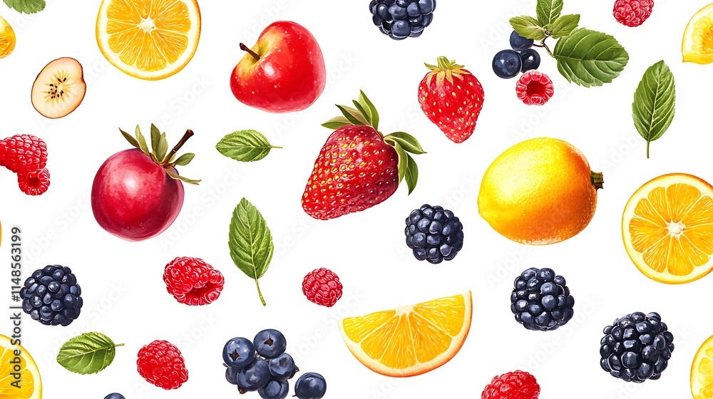 Fresh fruits on a white background with a mountain in the background. Fresh fruits on a white background with a mountain in the background.