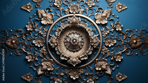 Gold flower design is on a blue background