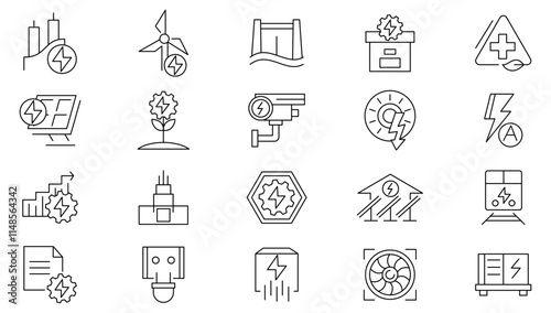 Electrical energy line icon set. Electricity, electric power, light, light bulb, ecology, green technology, power line, house line icon set. UI thin line icon pack.