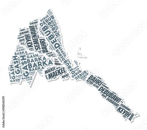 Eritrea shape text cloud. Country border with shadow on white background. Eritrea with regions division in vintage gazette style. Awesome vector illustration.