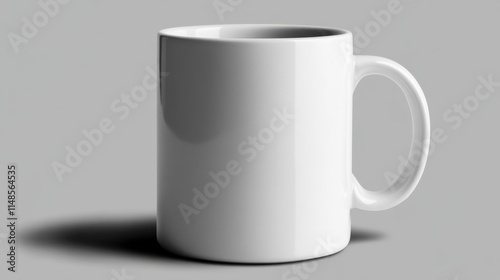 Plain white coffee mug on grey background.