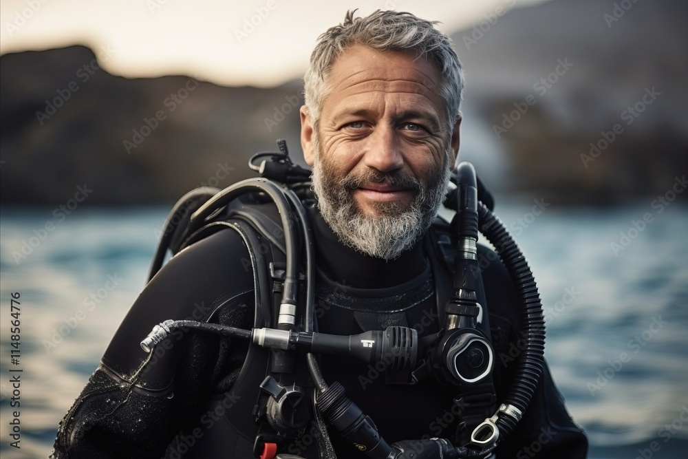 Portrait of a senior man with a beard wearing scuba gear Portrait of a senior man with a beard wearing scuba gear