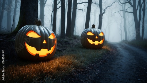 Eerie jack o lanterns glow in foggy forest photo