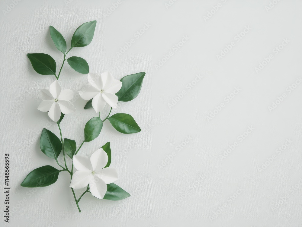 A stunning branch of jasmine flowers adorned with lively, vibrant green leaves, all beautifully set against an immaculate white background, perfectly showcasing the true elegance of nature A stunning branch of jasmine flowers adorned with lively, vibrant green leaves, all beautifully set against an immaculate white background, perfectly showcasing the true elegance of nature