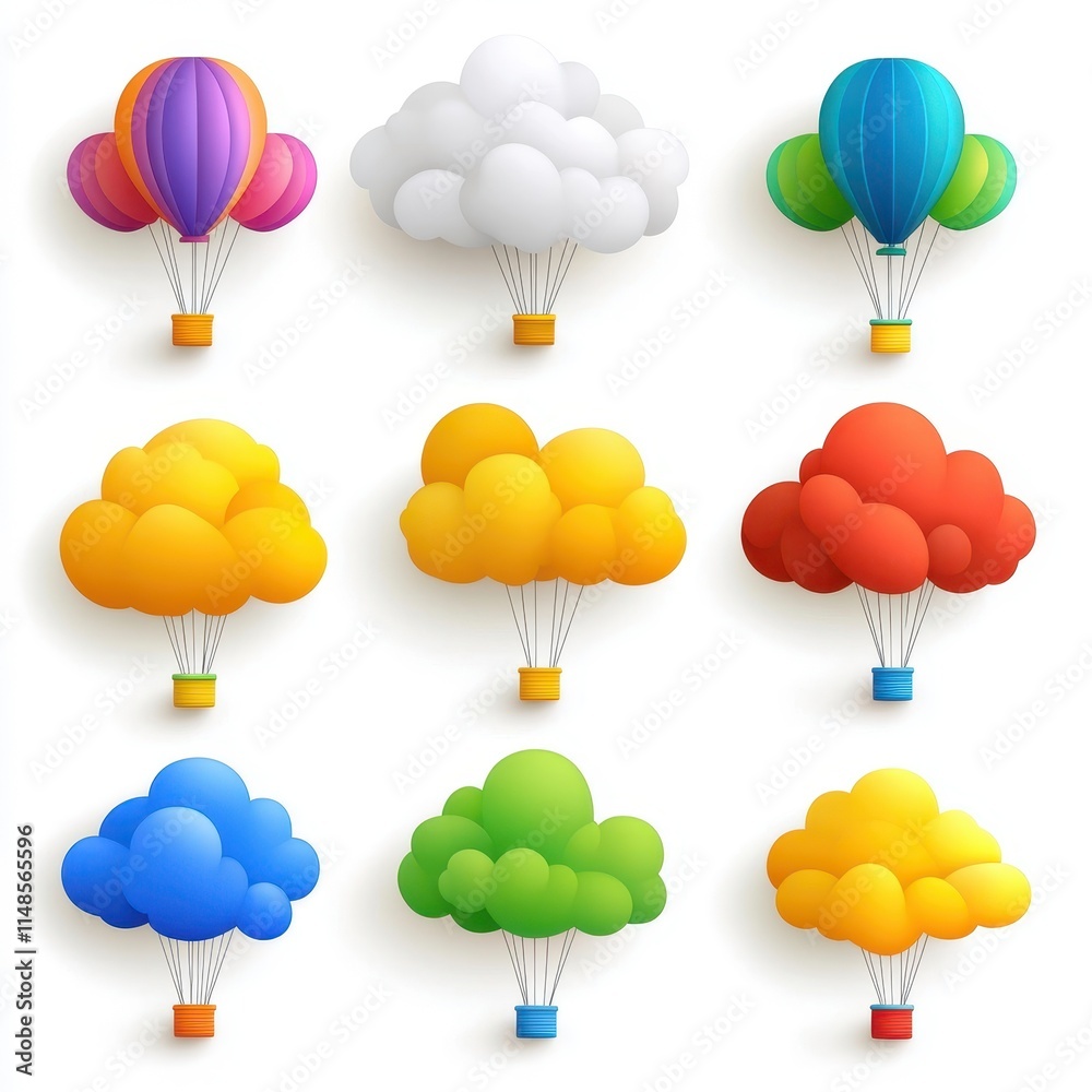 Puffy pastel-colored clouds shaped like hot air balloons, creative and fun, isolated on white background Puffy pastel-colored clouds shaped like hot air balloons, creative and fun, isolated on white background