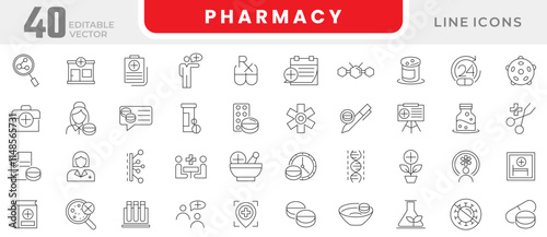 Pharmacy line icon set. Medicine bottle, pill dispensers, lab tests, blood donations, medical conferences, research studies, pharmacology, hospital line icon set. UI thin line icon pack.