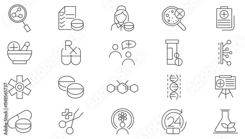 Pharmacy line icon set. Medicine bottle, pill dispensers, lab tests, blood donations, medical conferences, research studies, pharmacology, hospital line icon set. UI thin line icon pack.