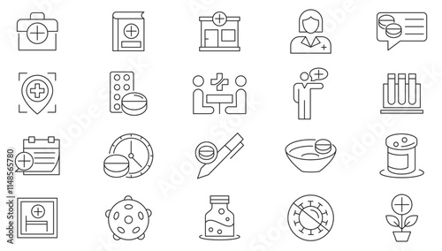 Pharmacy line icon set. Medicine bottle, pill dispensers, lab tests, blood donations, medical conferences, research studies, pharmacology, hospital line icon set. UI thin line icon pack.