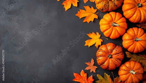 Autumn Harvest- Pumpkins and Maple Leaves on Dark Background photo