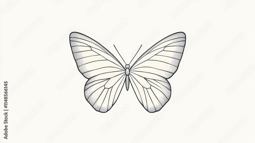 Minimalist line art of a butterfly with symmetrical wings on a plain white background. Minimalist line art of a butterfly with symmetrical wings on a plain white background.